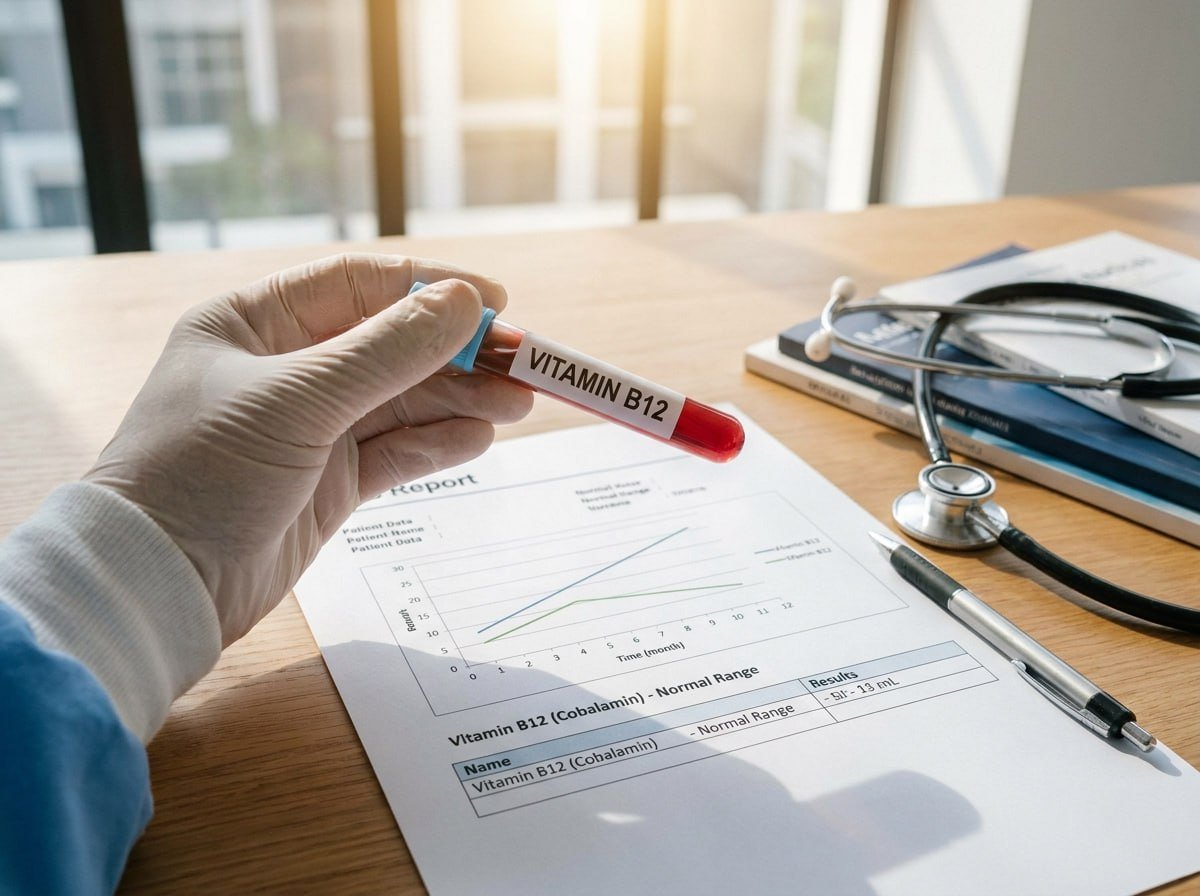 Amostra de sangue identificada como vitamina B12 sobre laudo laboratorial