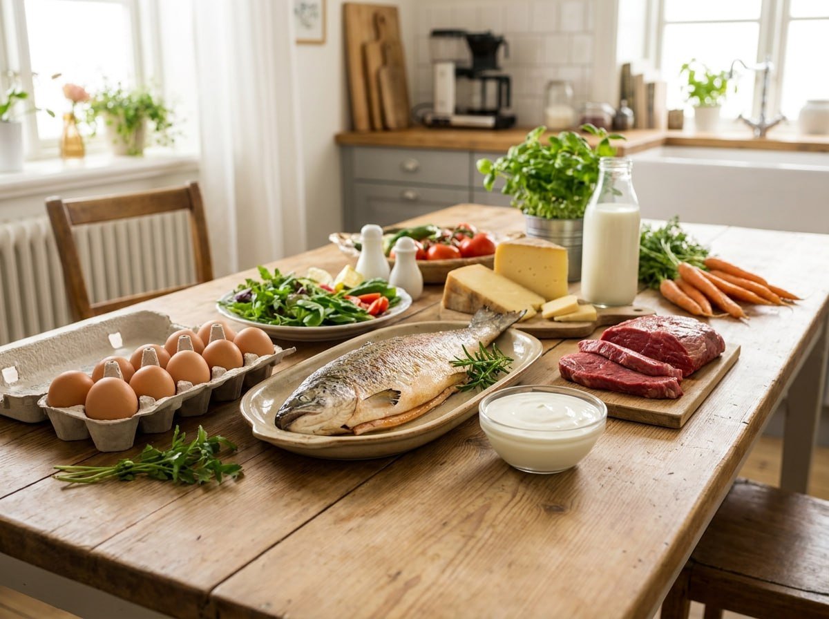 Alimentos associados à vitamina D como ovos peixe leite e carnes