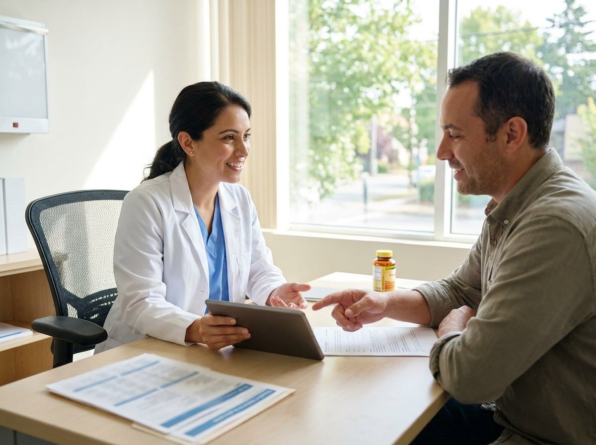 Médica orientando paciente sobre vitamina D e prescrição